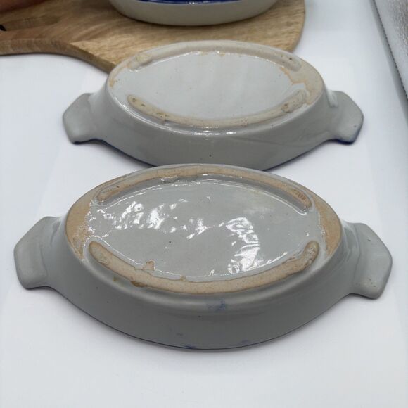 4 Vtg Blue Trim & Gray Speckled eared gratin dishes Preowned - Picture 4 of 7